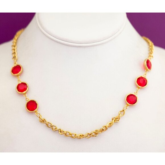 Vintage Red Rhinestones Gold Tone Chain Elegant Necklace 29 inch - V12 - Picture 2 of 3